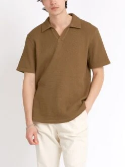 Austell Short Sleeve Polo Shirt Barton Tobacco Brown -Men's Fashion-Oliver Spencer ModelOSMK741AustellPoloShirtBAR01TOBBartonTobaccoBrown1copy Softness