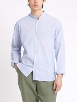 Grandad Shirt Hughes Blue -Men's Fashion-Oliver Spencer ModelOSMS126GrandadShirtHUG01BLUHughesBlue8copy Softness
