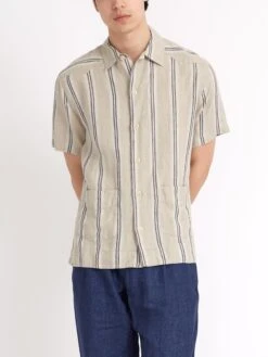 Cuban Short Sleeve Shirt Loughlin Sand -Men's Fashion-Oliver Spencer ModelOSMS173CubanShortSleeveShirtLOU01SANLoughlinSand7copy