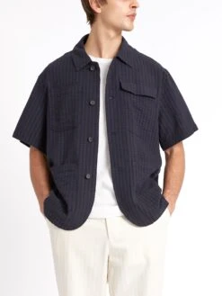 Short Sleeve Safari Shirt Sampson Navy -Men's Fashion-Oliver Spencer ModelOSMS180ShortSleeveSafariShirtSAM01NAVSampsonNavy3copy Softness