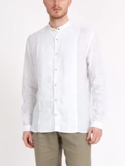 Collarless Ashcroft Shirt Bridford White -Men's Fashion-Oliver Spencer ModelOSMS181CollarlessAshcroftShirtBRI01WHIBridfordWhitecopy