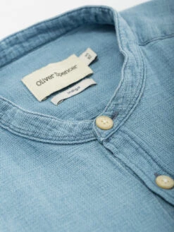 Grandad Shirt Kildale Indigo Light -Men's Fashion-Oliver Spencer OSS126GrandadShirtKildaleIndigoLight 1 2